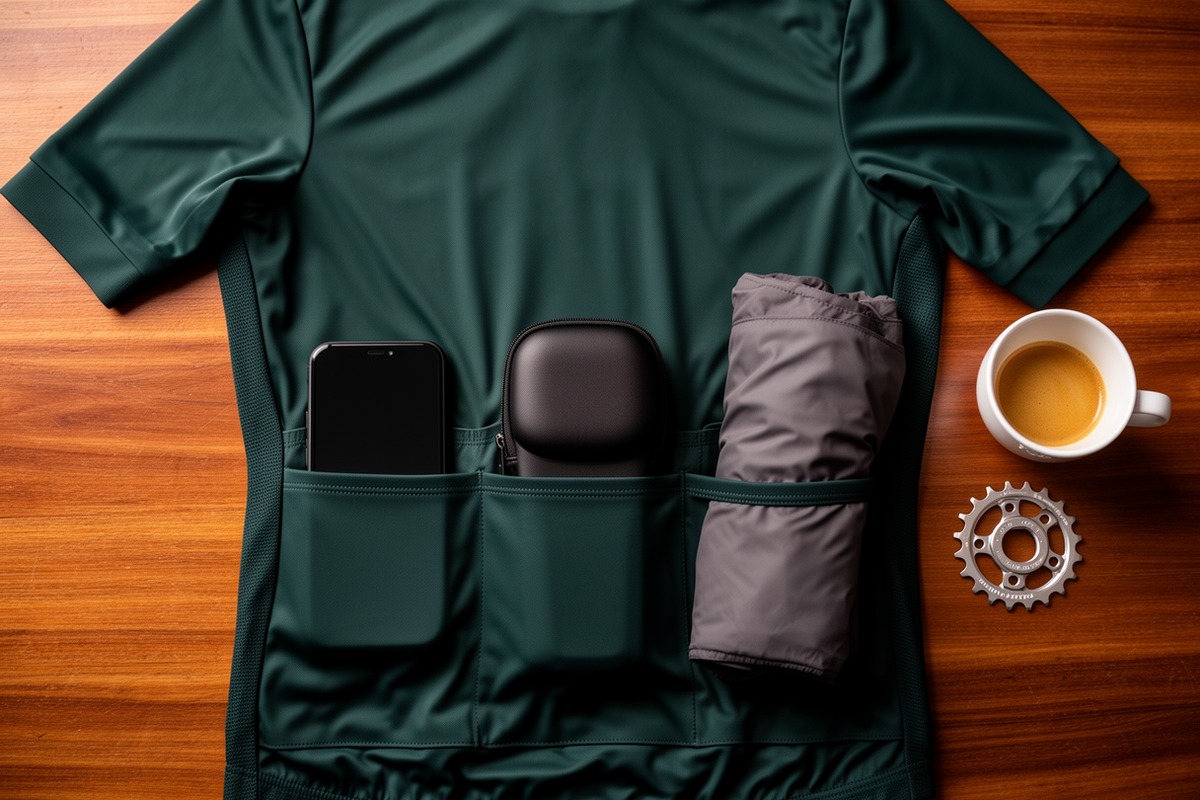 Three rear pockets of a forest-green cycling jersey holding a phone, compact repair pouch, and folded wind vest beside espresso and a bicycle chainring