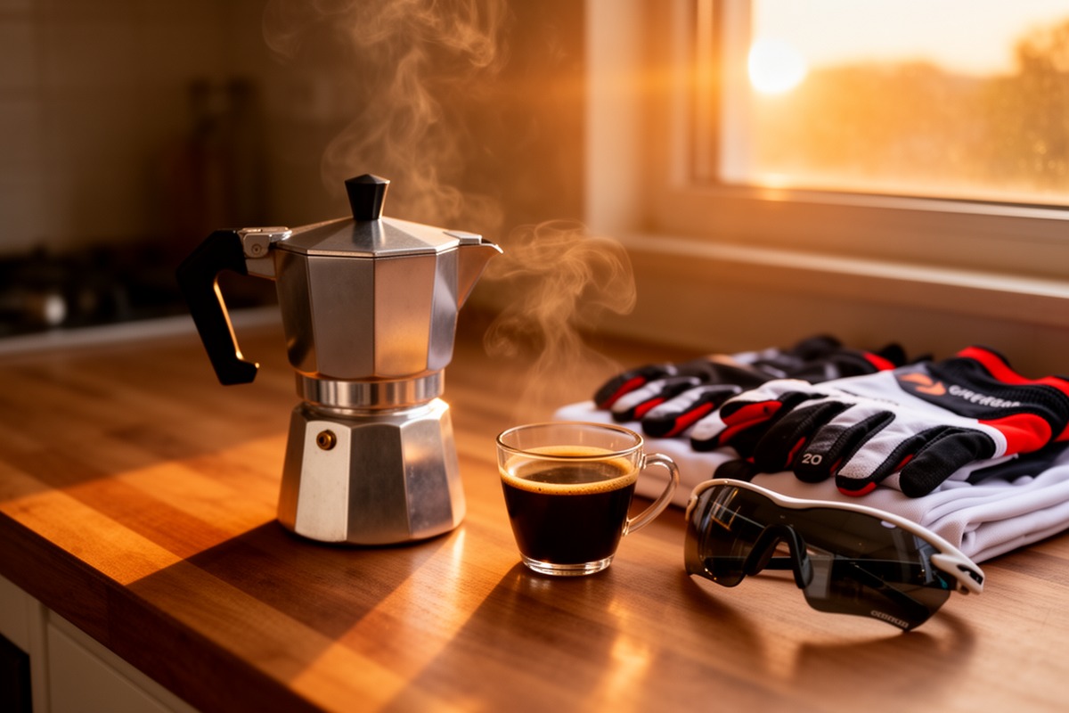Photorealistic moka pot and espresso cup beside cycling gear on a warm wooden counter at dawn