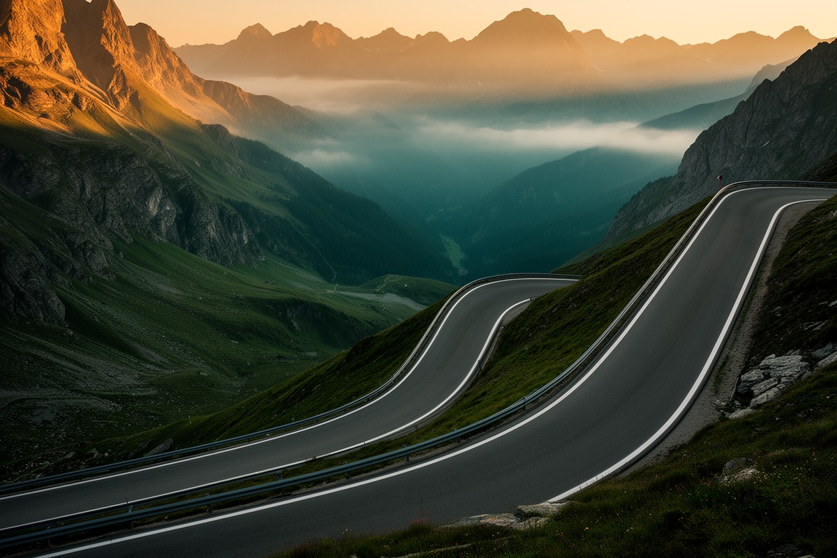 An empty narrow Alpine hairpin road climbing across a green mountainside above a misty valley at dawn