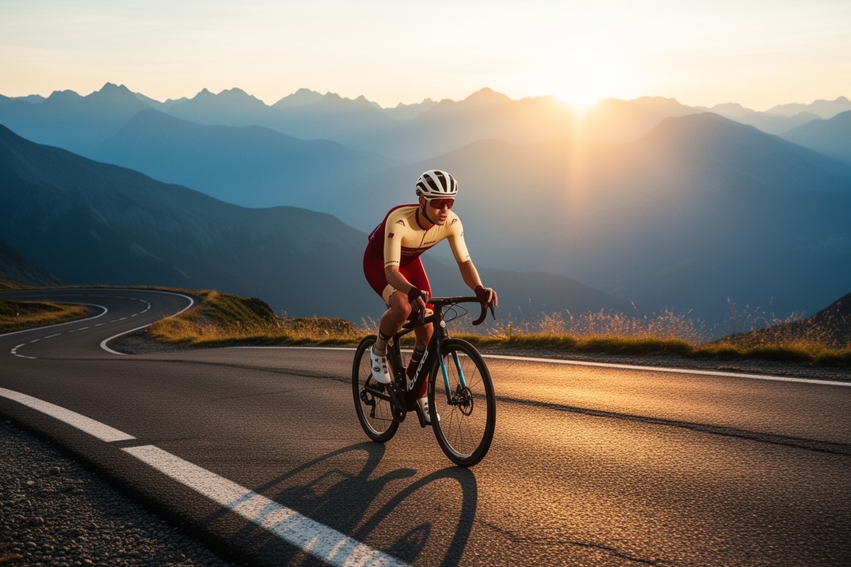 Cyclist cresting a mountain road at golden hour with layered mountain range in the background