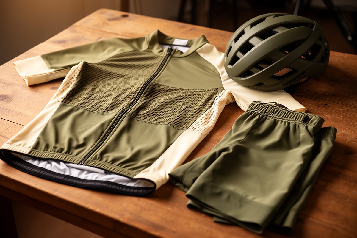 Photorealistic editorial photo of a technical cycling jersey, bib shorts, and helmet on a warm wood workbench