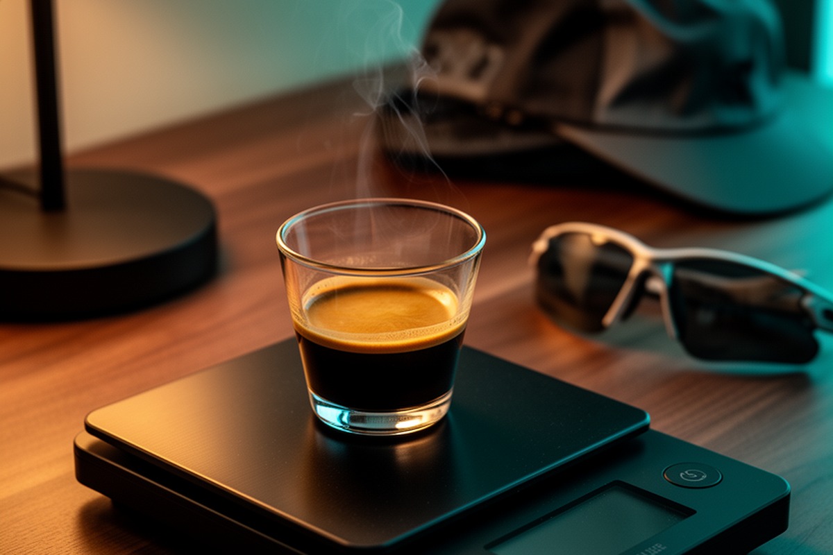 Photorealistic espresso shot in a glass cup on a black digital coffee scale with cycling sunglasses and cap in the background