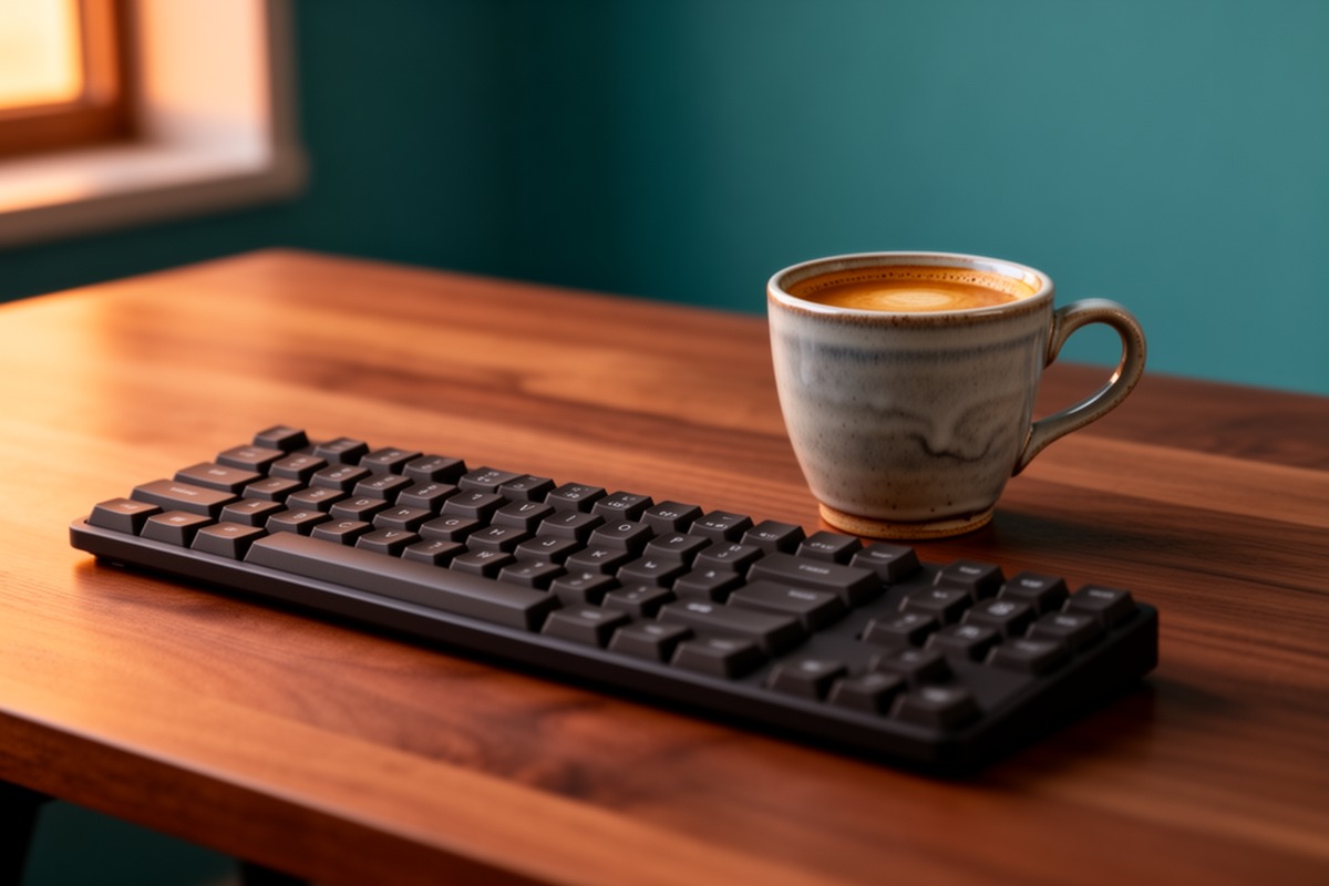Photorealistic editorial photo of a blank mechanical keyboard and espresso on a warm developer desk