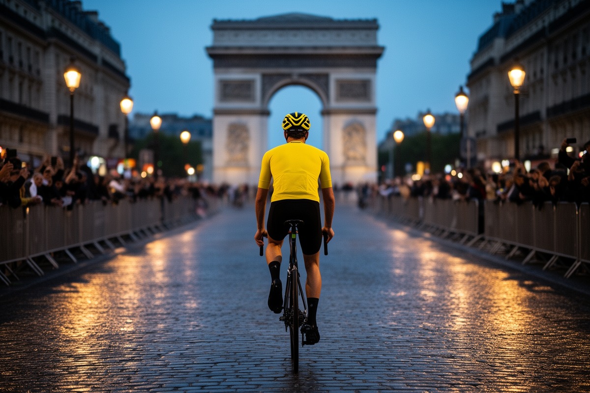 A solitary lean cyclist in a yellow jersey rides toward the Arc de Triomphe over a rain-darkened Paris avenue at blue hour