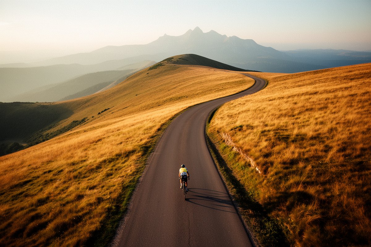 A lone road cyclist climbs a winding paved road through golden grassland hills in the Massif Central, distant mountain peaks on the horizon at golden hour