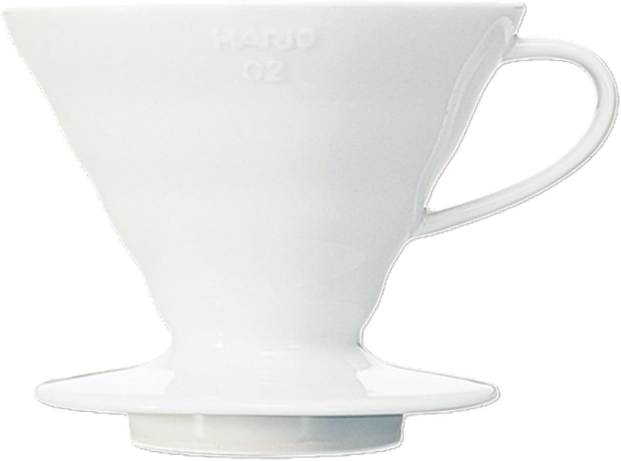 Hario V60 ceramic pour-over coffee dripper in white on white background