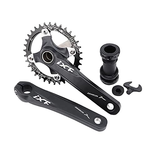 Black single-ring mountain bike crankset and chainring on white background